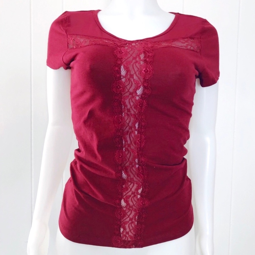 NWOT Burgundy Sheer Lace Mesh Cutout Fitted Tee - Picture 3 of 13